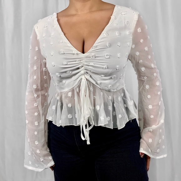 BUNNY BOUTIQUE - White Blouse - NWT - Bell Sleeves Ruffle Hem Polka Dot Print - Picture 1 of 3